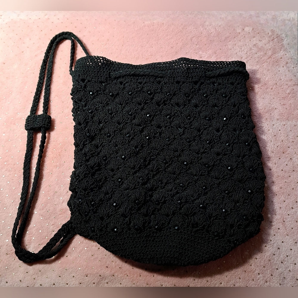 Black Crocheted Backpack Drawstring Bag Nwot - image 1